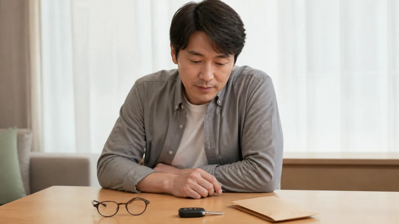 밝은 창가에서 30대 한국인 성인이 안경을 손에 든 채 먼 풍경을 바라보고 옆의 한국인 성인이 무표기 단색 종이를 정리하는 장면, 사진형·무문자·성인만·crop-safe, 배제: 미성년·워터마크·텍스트·점선·전자기기·비닐·동물