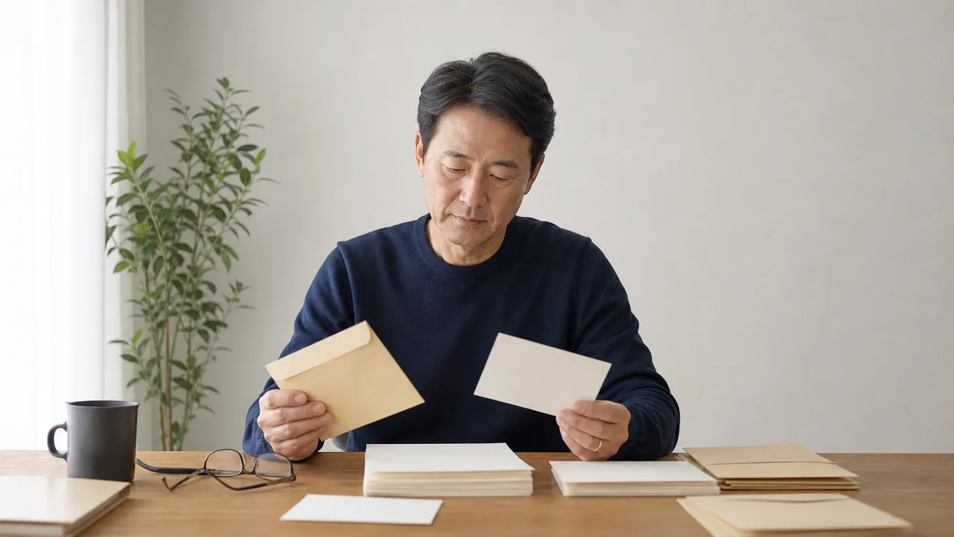조용한 상담 대기 공간에서 50대 한국인 성인이 무표기 단색 종이 여러 장을 순서대로 넘기고 배우자가 곁에서 바라보는 장면, 사진형·무문자·성인만·crop-safe, 배제: 미성년·워터마크·텍스트·점선·전자기기·비닐·동물