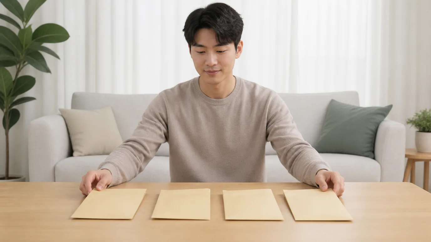 햇살이 부드러운 실내에서 30대 한국인 성인이 안경을 접어 단색 나무 선반 위에 두고 잠시 눈을 감아 쉬는 장면, 사진형·무문자·성인만·crop-safe, 배제: 미성년·워터마크·텍스트·점선·전자기기·비닐·동물