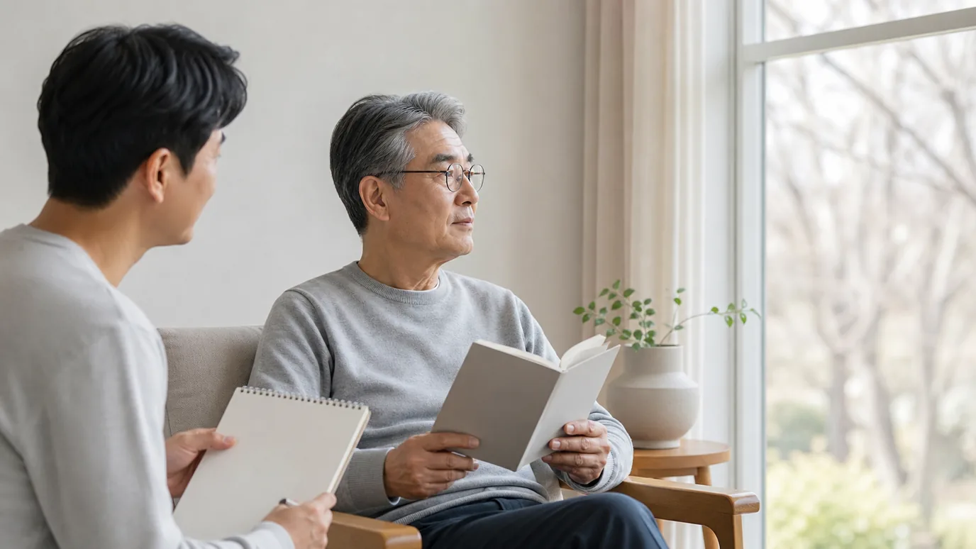 거실 창가의 안락의자에서 60대 한국인 성인이 안경을 벗어 손에 들고 먼 곳과 가까운 종이책 표지를 번갈아 보는 장면, 사진형·무문자·성인만·crop-safe, 배제: 미성년·워터마크·텍스트·점선·전자기기·비닐·동물