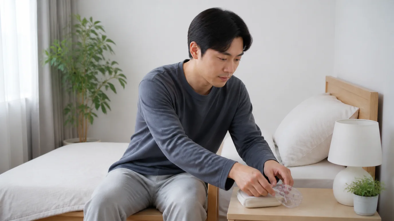 따뜻한 조명의 휴식 공간에서 30대 한국인 성인이 등받이에 기대 눈을 감고 손에는 접힌 무표기 단색 종이 한 장만 들고 있는 장면, 사진형·무문자·성인만·crop-safe, 배제: 미성년·워터마크·텍스트·점선·전자기기·비닐·동물