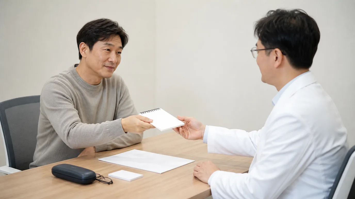 밝은 상담실 출입문 앞에서 40대 한국인 성인이 안경을 고쳐 쓰고 무표기 단색 종이 메모를 손에 든 채 차분히 기다리는 장면, 사진형·무문자·성인만·crop-safe, 배제: 미성년·워터마크·텍스트·점선·전자기기·비닐·동물