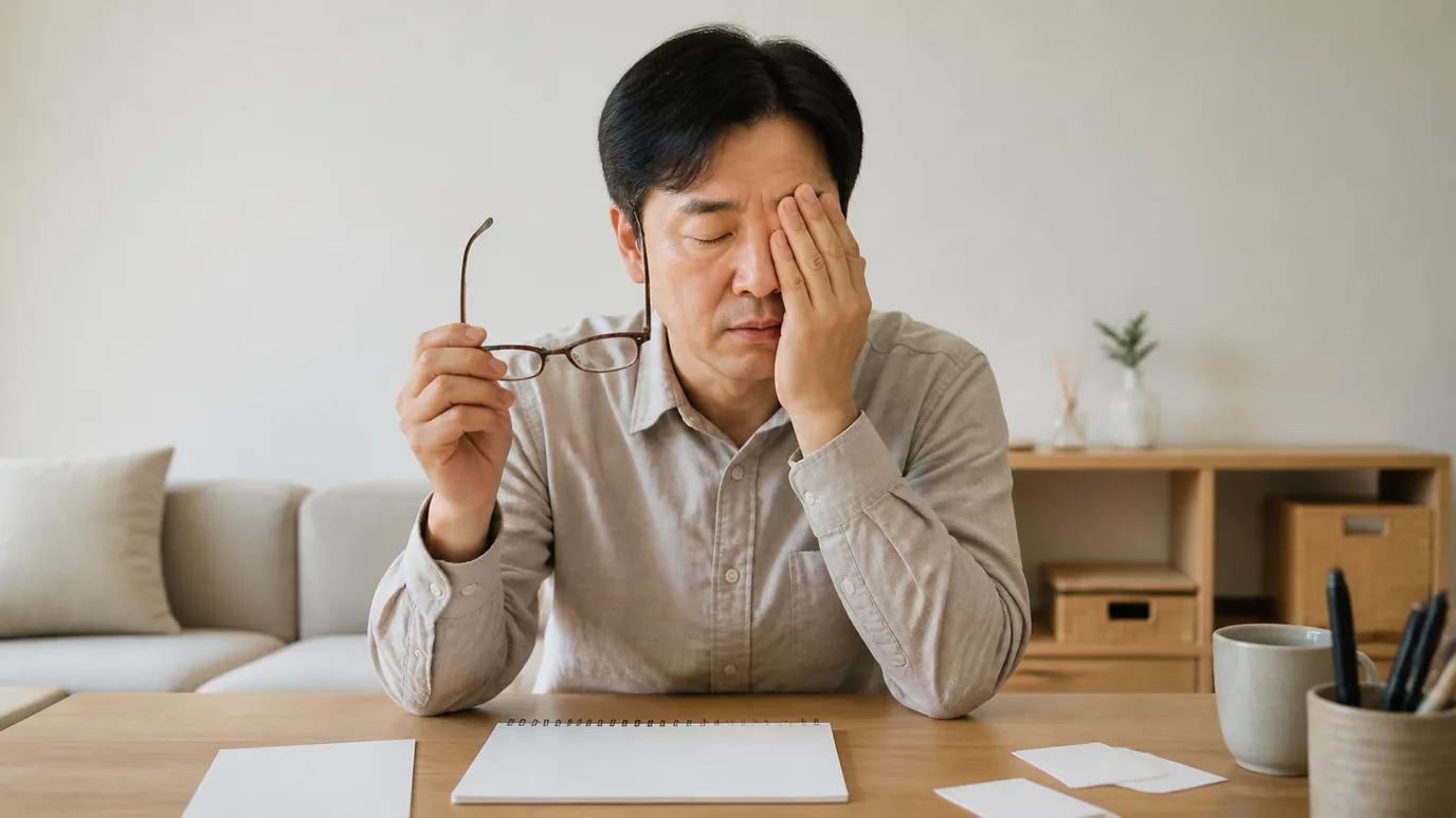 지하철역 근처의 조용한 실내 벤치에서 40대 한국인 성인이 안경을 쓴 채 창밖 자연광을 바라보며 두 손을 편안히 모은 장면, 사진형·무문자·성인만·crop-safe, 배제: 미성년·워터마크·텍스트·점선·전자기기·비닐·동물