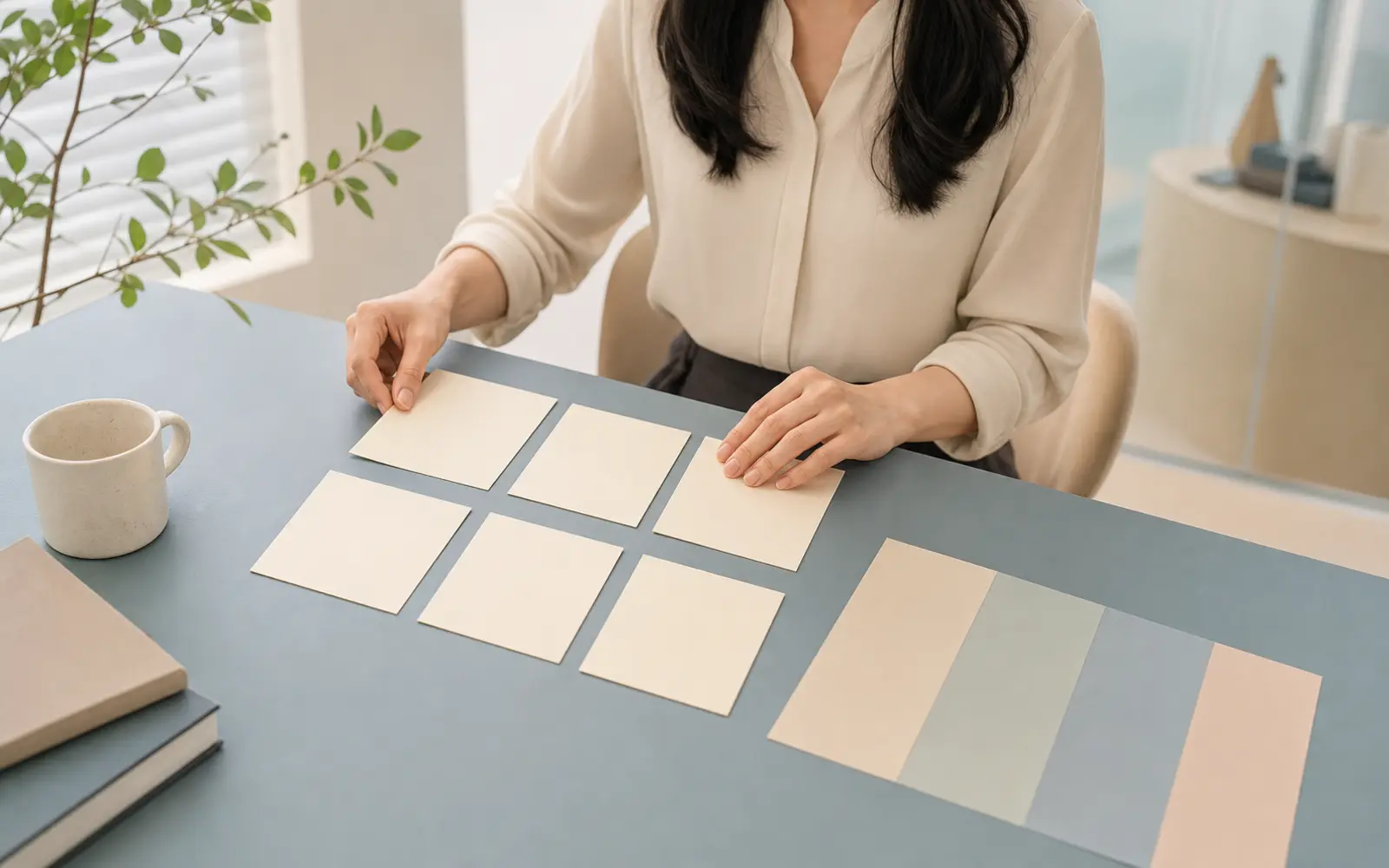 시력교정 후 변화를 여섯 가지 기록 카드와 문의 단계로 정리하는 장면