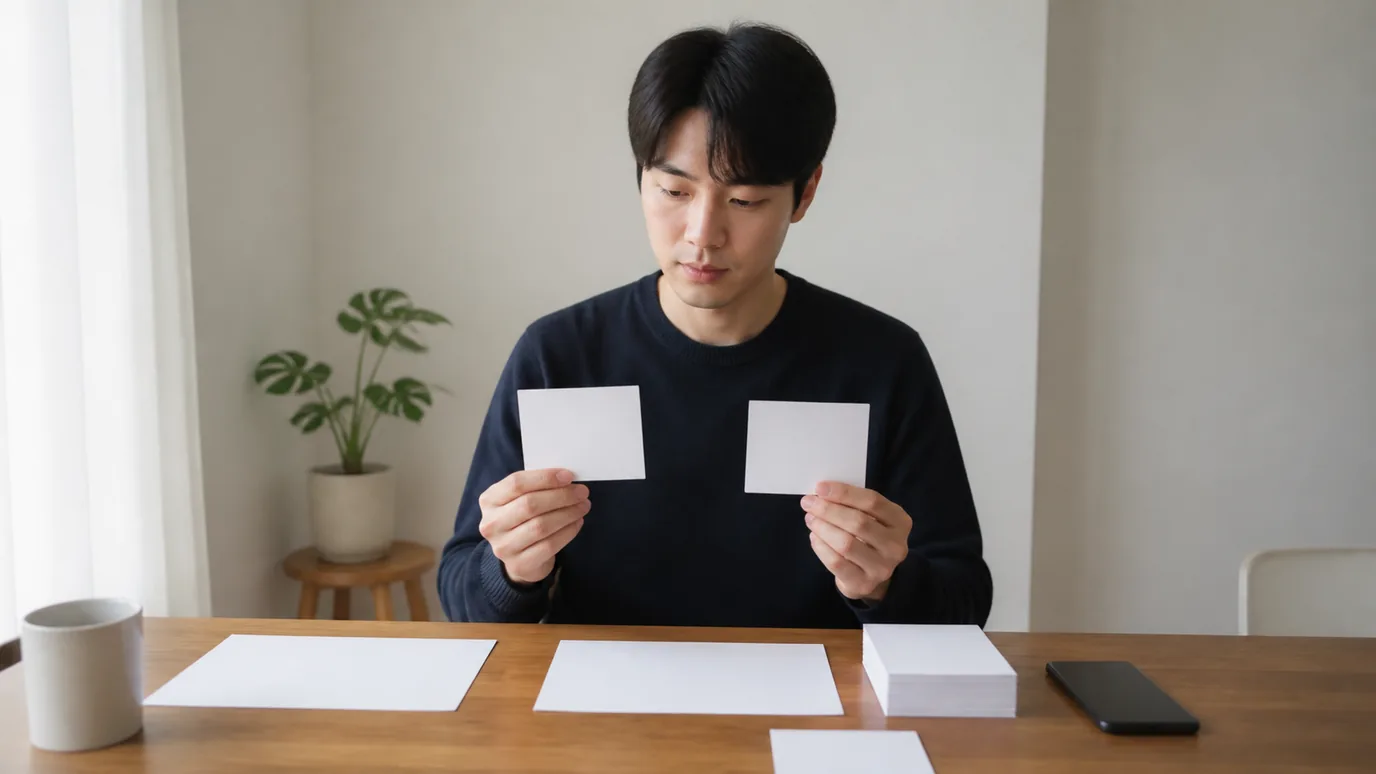 원목 카운터 앞에서 30대 한국인 성인이 무표기 단색 종이 두 장을 겹쳐 들지 않고 각각 펼쳐 살펴보는 측면 장면, 사진형·무문자·성인만·crop-safe, 배제: 미성년·워터마크·텍스트·점선·전자기기·비닐·동물