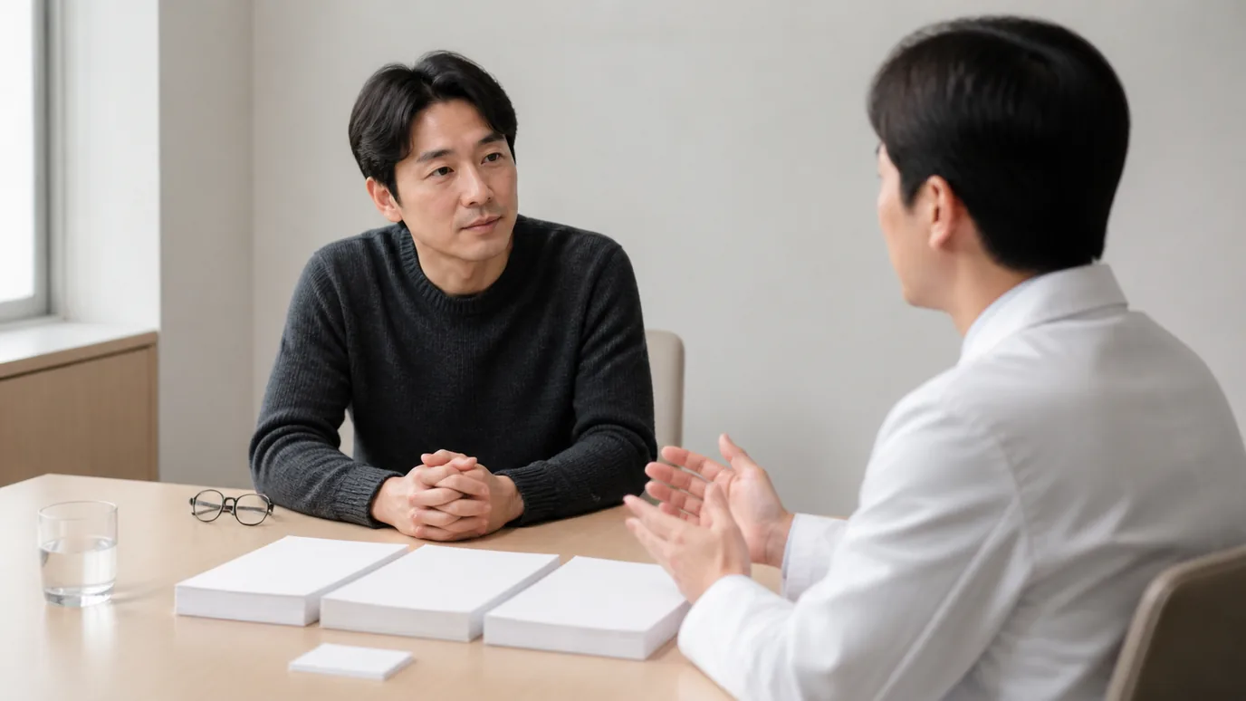 넓은 복도 끝 창가에서 40대 한국인 성인이 안경을 쓴 채 서로 다른 두 상담실 방향을 차분히 바라보는 전신 장면, 사진형·무문자·성인만·crop-safe, 배제: 미성년·워터마크·텍스트·점선·전자기기·비닐·동물