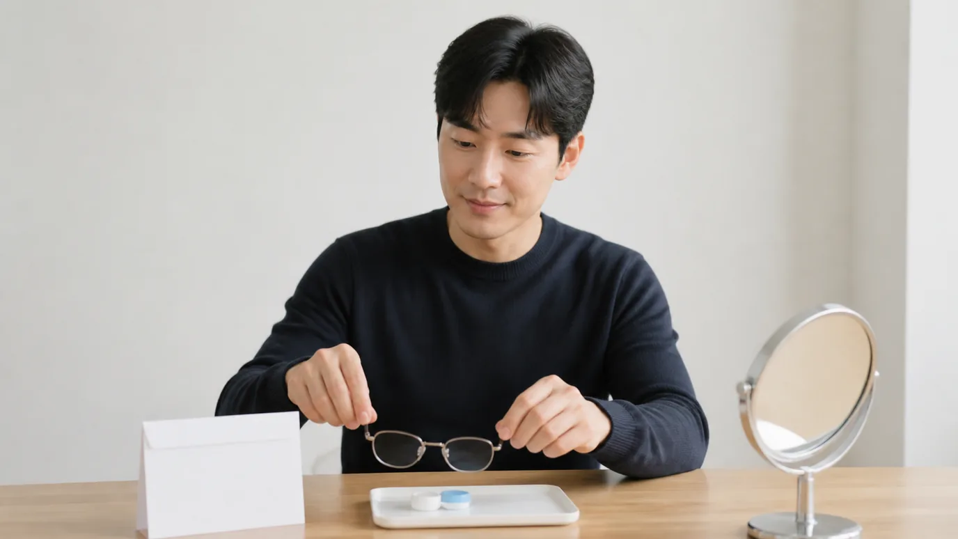 부드러운 자연광의 침실에서 30대 한국인 성인이 베개에 기대 휴식하며 안경은 멀리 떨어진 단색 협탁 위에 놓인 장면, 사진형·무문자·성인만·crop-safe, 배제: 미성년·워터마크·텍스트·점선·전자기기·비닐·동물