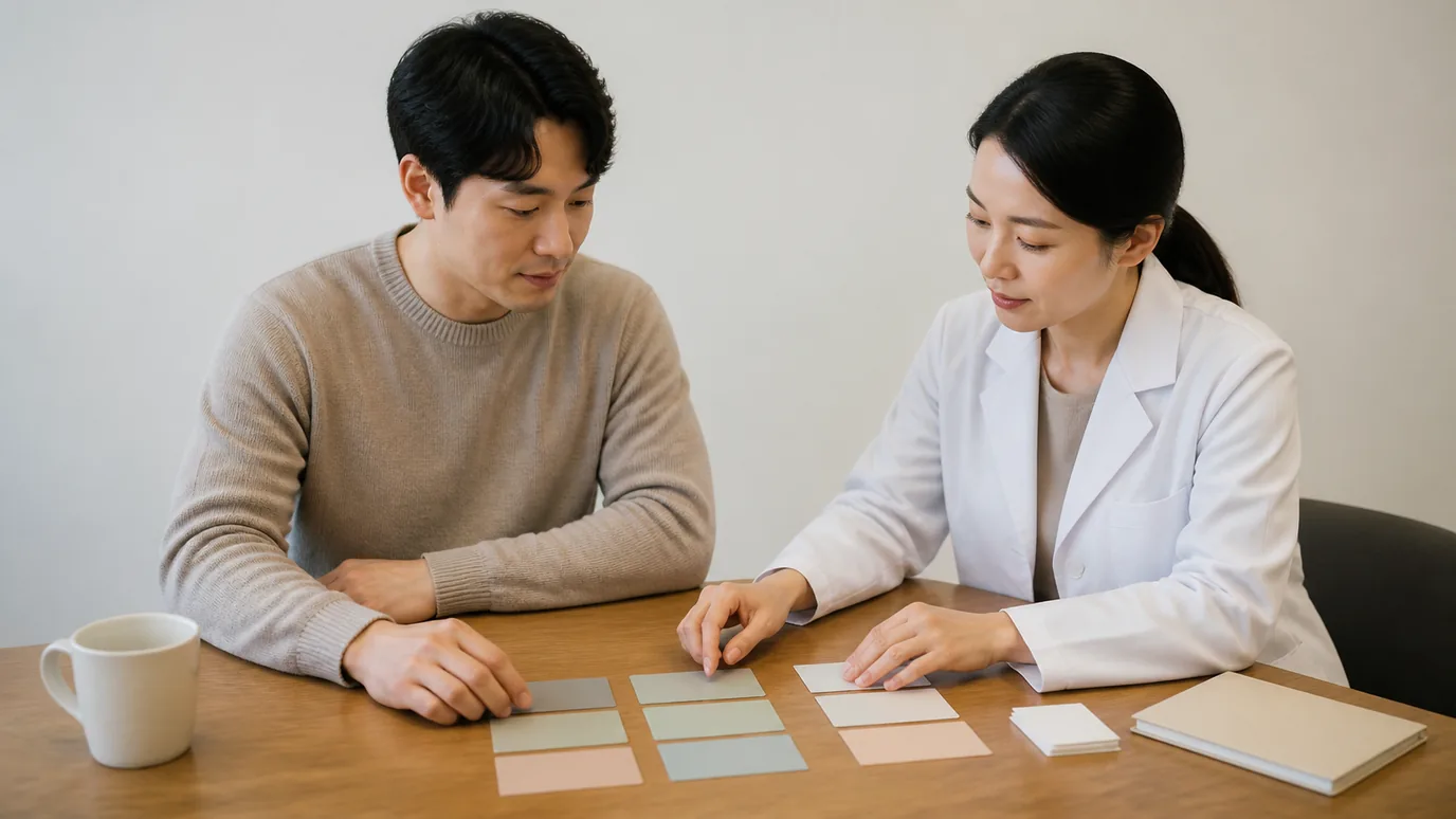 조용한 창가 테이블에서 30대 한국인 성인이 안경을 벗어 단색 천 위에 놓고 고개를 들어 먼 나무를 바라보는 장면, 사진형·무문자·성인만·crop-safe, 배제: 미성년·워터마크·텍스트·점선·전자기기·비닐·동물