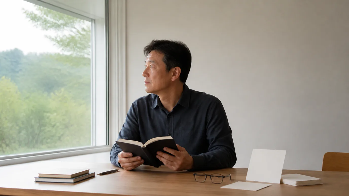 해 질 무렵 거실에서 60대 한국인 성인이 창밖 먼 풍경을 본 뒤 무표기 단색 종이책을 편안한 거리로 옮겨 보는 장면, 사진형·무문자·성인만·crop-safe, 배제: 미성년·워터마크·텍스트·점선·전자기기·비닐·동물