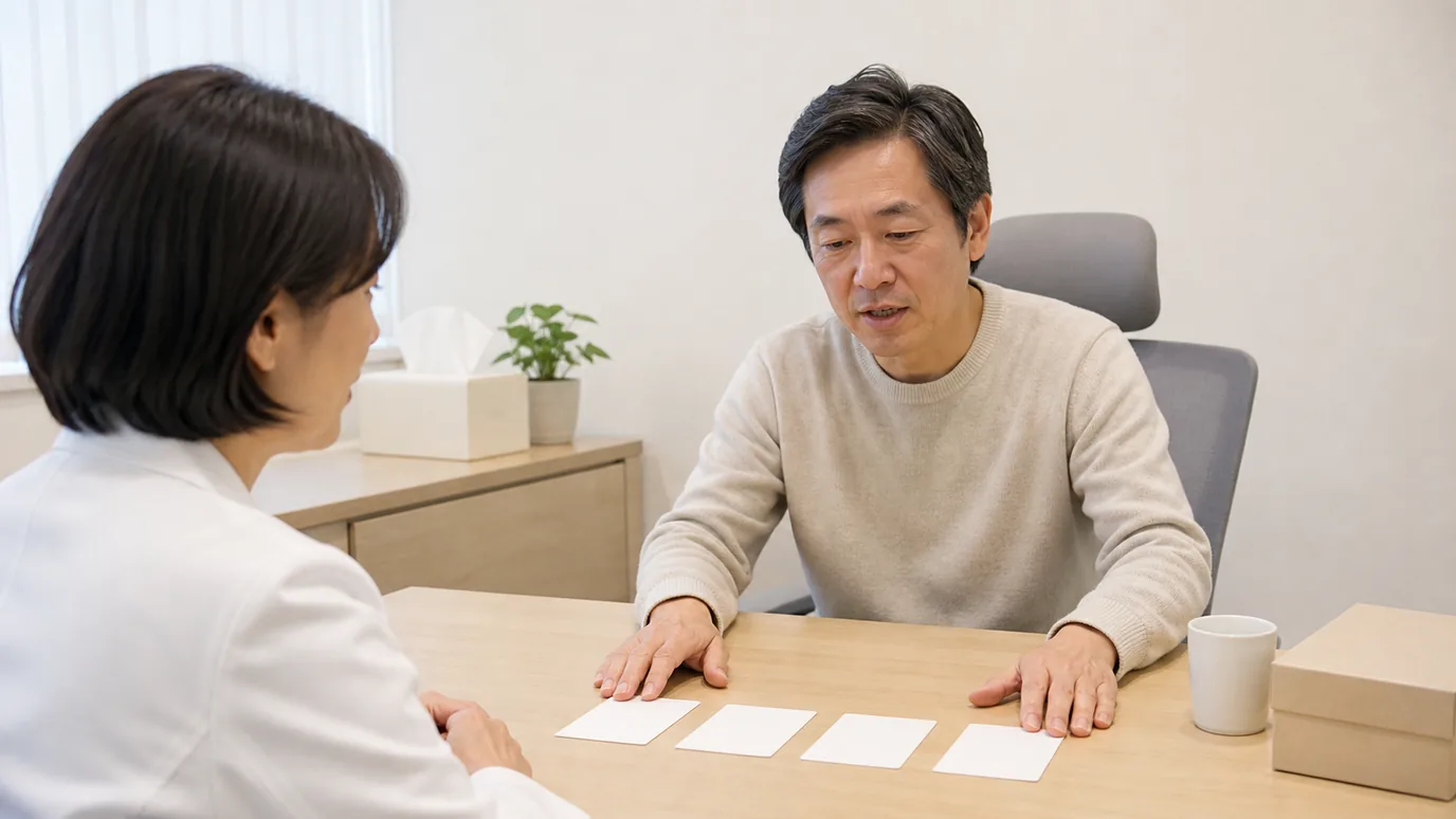 밝은 상담 공간에서 50대 한국인 성인이 안경과 무문자 질문 카드 네 장을 펼쳐 한국인 의료진과 대화하는 장면