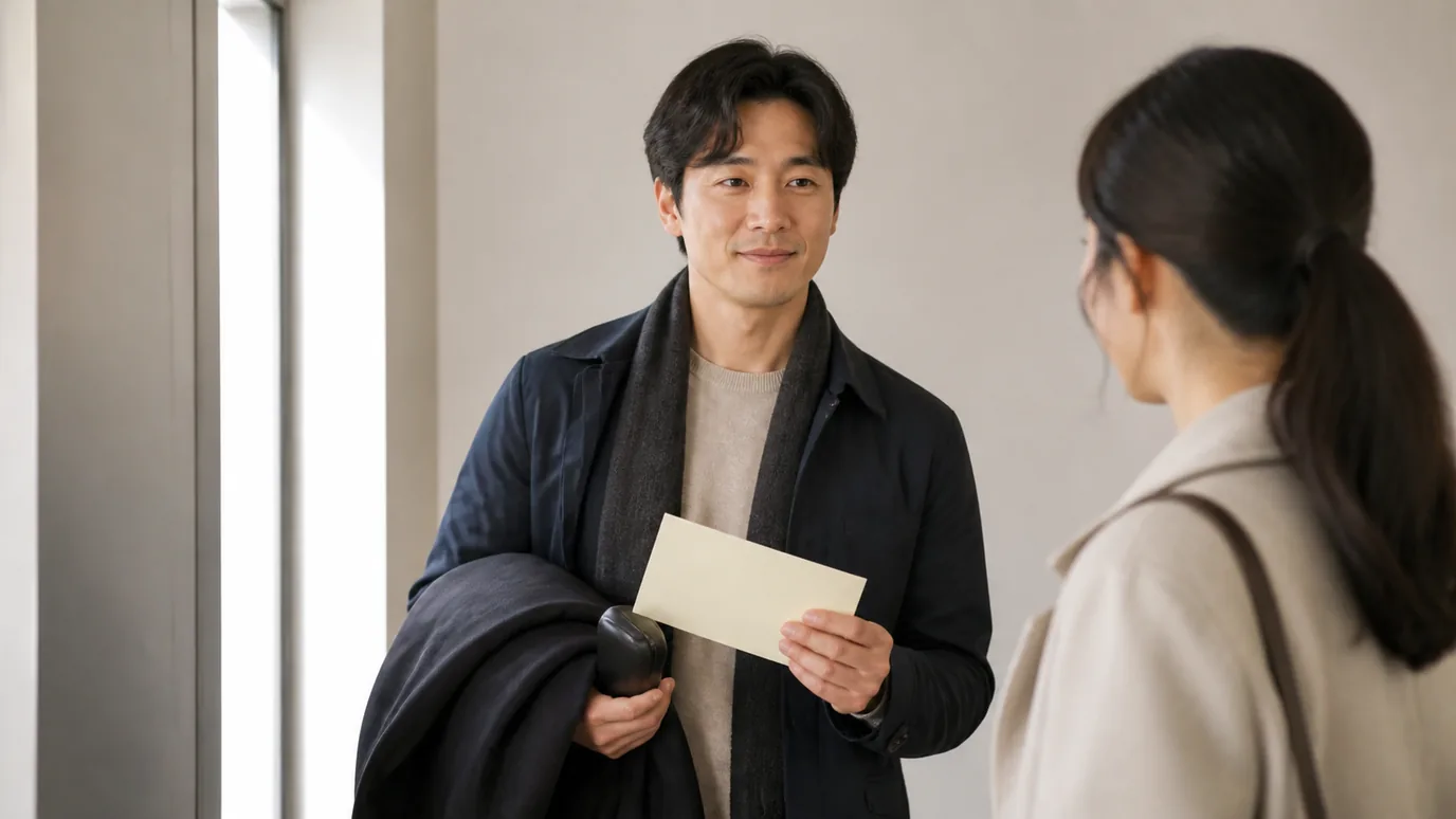 밝은 실내 출입 공간에서 30대 한국인 성인이 외투와 안경 케이스, 무문자 예약 봉투를 들고 동행인과 출발 준비를 하는 장면