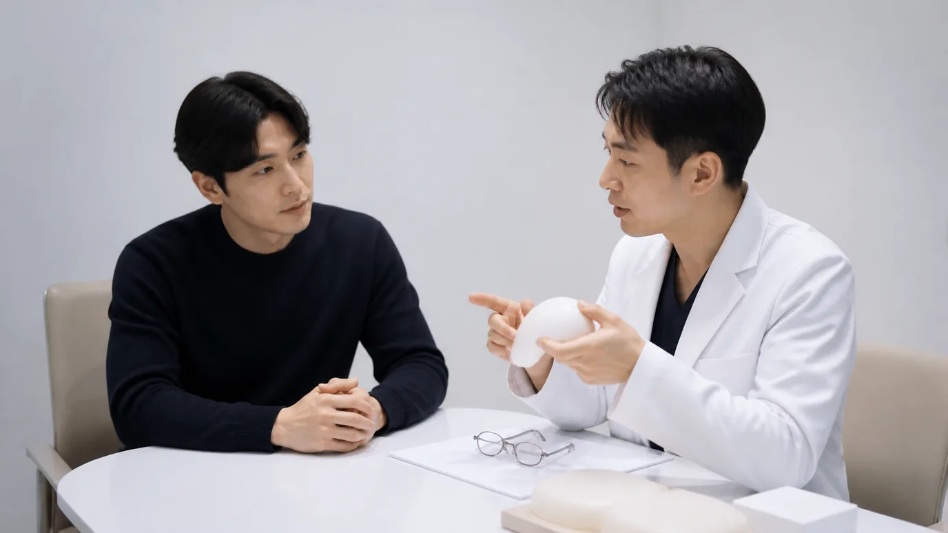 밝은 상담 공간에서 30대 한국인 성인이 부드러운 곡선형 무문자 모형과 안경을 사이에 두고 한국인 의료진의 손짓 설명을 듣는 장면