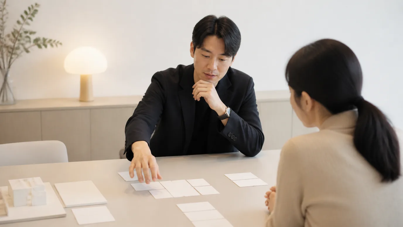 밝고 비어 있는 상담 공간에서 30대 한국인 성인이 세 갈래로 놓인 무문자 빈 카드 앞에서 손을 멈추고 생각하는 장면