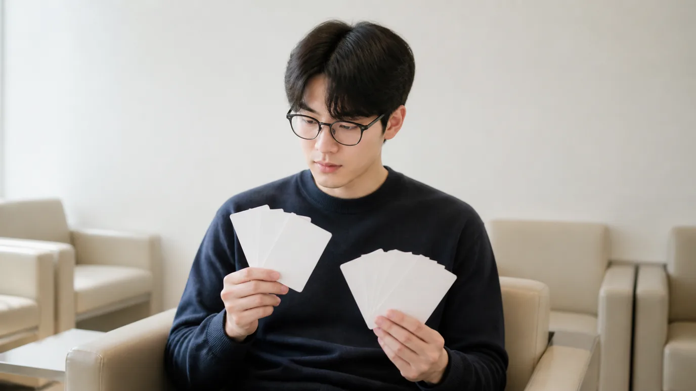 밝은 검사 대기 공간에서 20대 한국인 성인이 세 방향으로 벌어진 무문자 빈 카드와 안경을 앞에 두고 차분히 살펴보는 장면