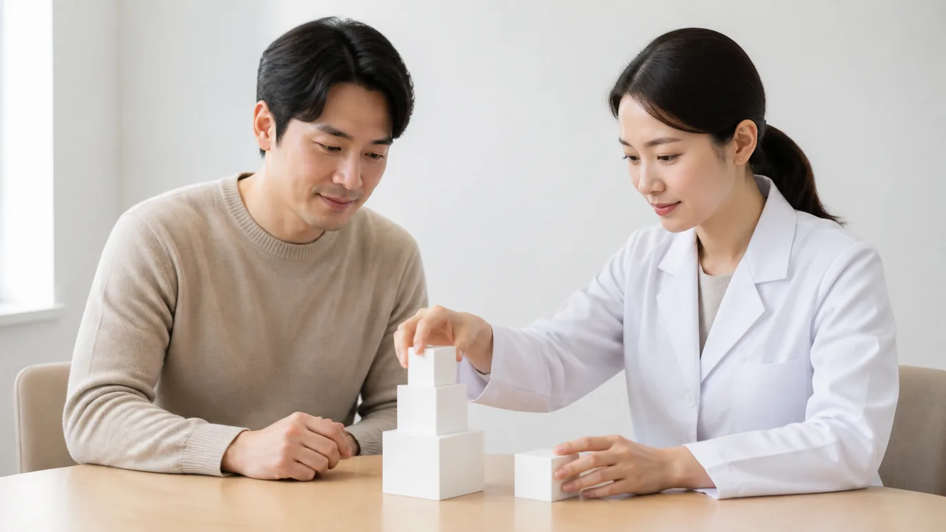 밝은 테이블에서 30대 한국인 성인이 서로 다른 크기의 무문자 흰색 모형 네 개를 층별로 놓고 한국인 의료진과 구분하는 장면