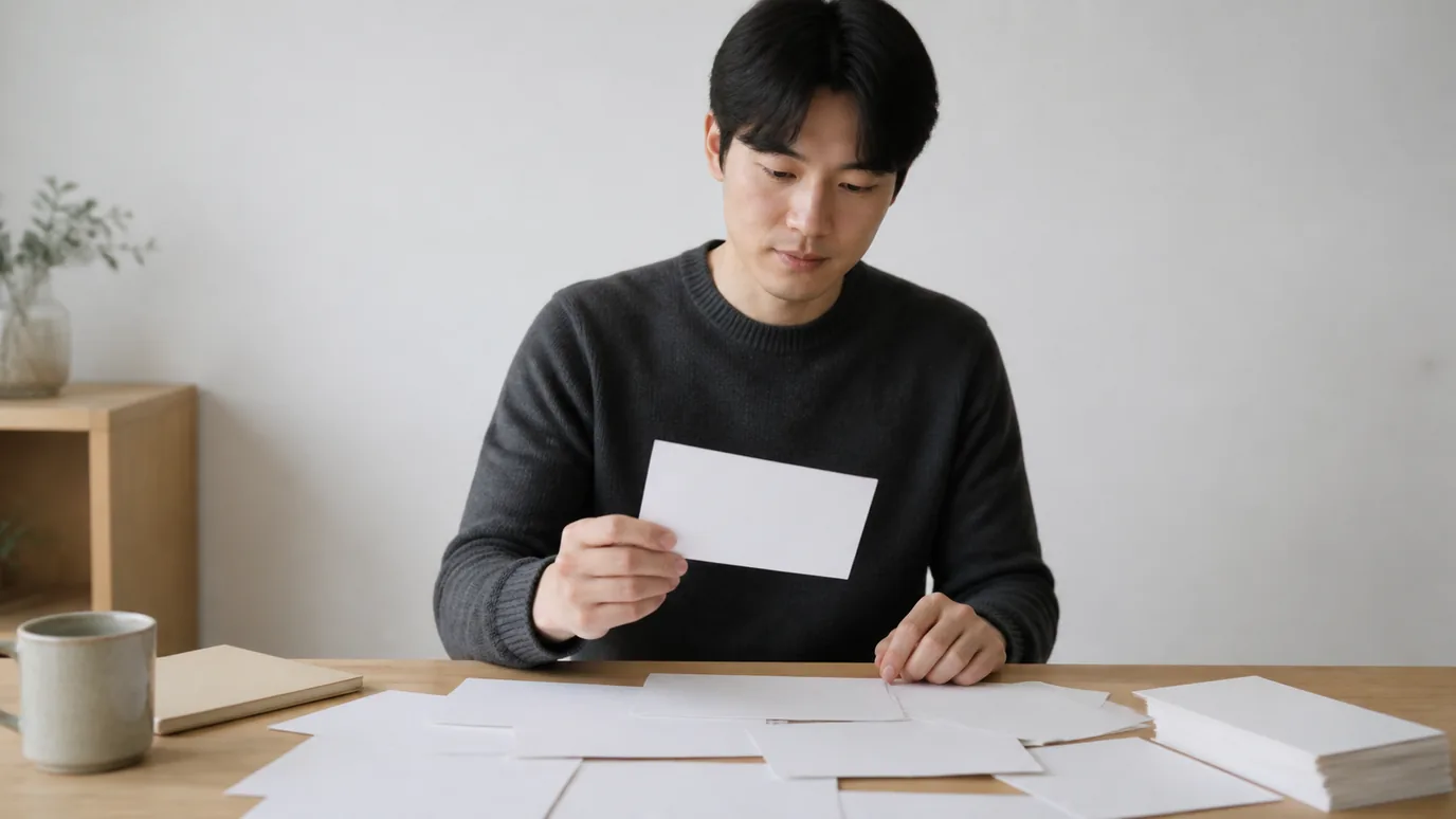 밝은 책상에서 30대 한국인 성인이 겹쳐진 무문자 사진 인화물 여러 장 중 원본 한 장을 따로 골라내는 장면