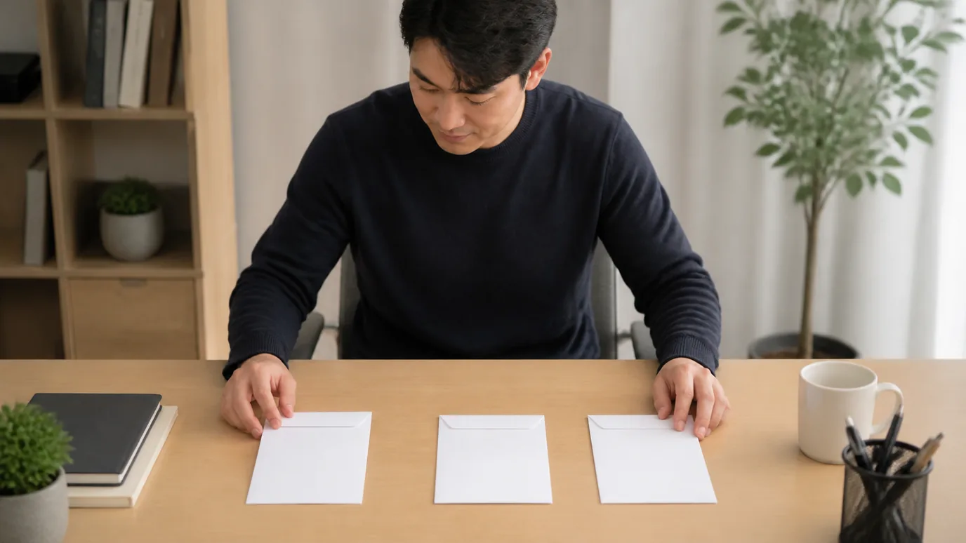 밝은 책상에서 30대 한국인 성인이 무표기 광고 봉투와 견적 봉투, 변경 봉투를 서로 겹치지 않게 놓는 장면