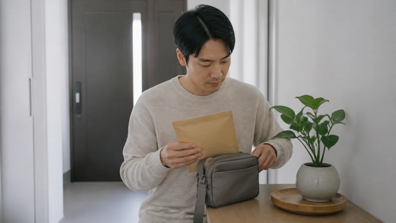 밝은 현관 옆 테이블에서 30대 한국인 성인이 무표기 당일 단계 봉투와 동행용 작은 가방을 확인하는 장면