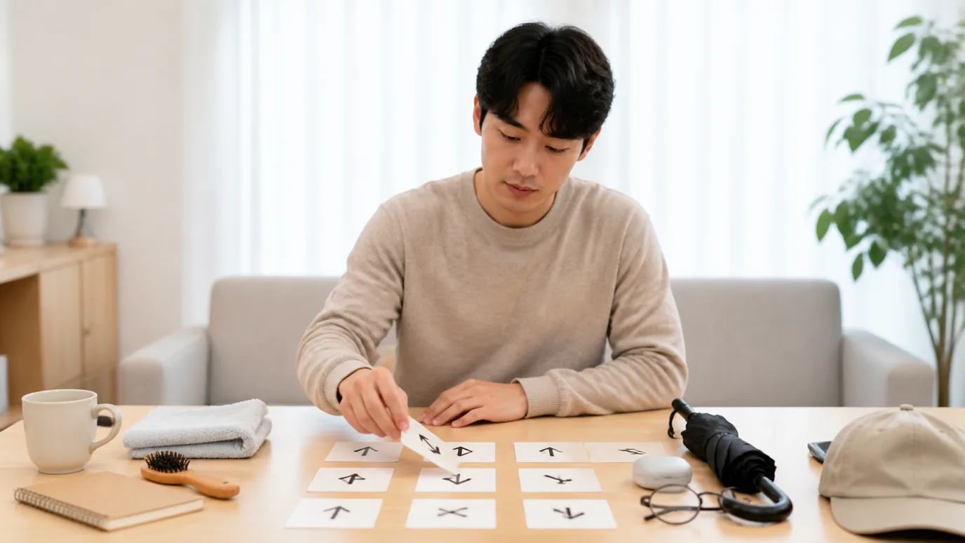 밝은 상담실에서 30대 한국인 성인이 원형 숫자판 없이 방향이 다른 무표기 카드와 생활 소품을 맞춰 보는 장면