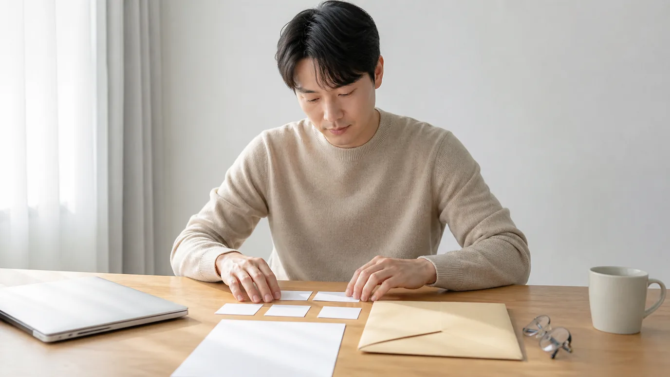 밝은 중립 공간에서 일반 복장의 30대 한국인 성인 두 명이 닫힌 노트북, 보호안경과 활동 기록 봉투를 함께 정리하는 장면
