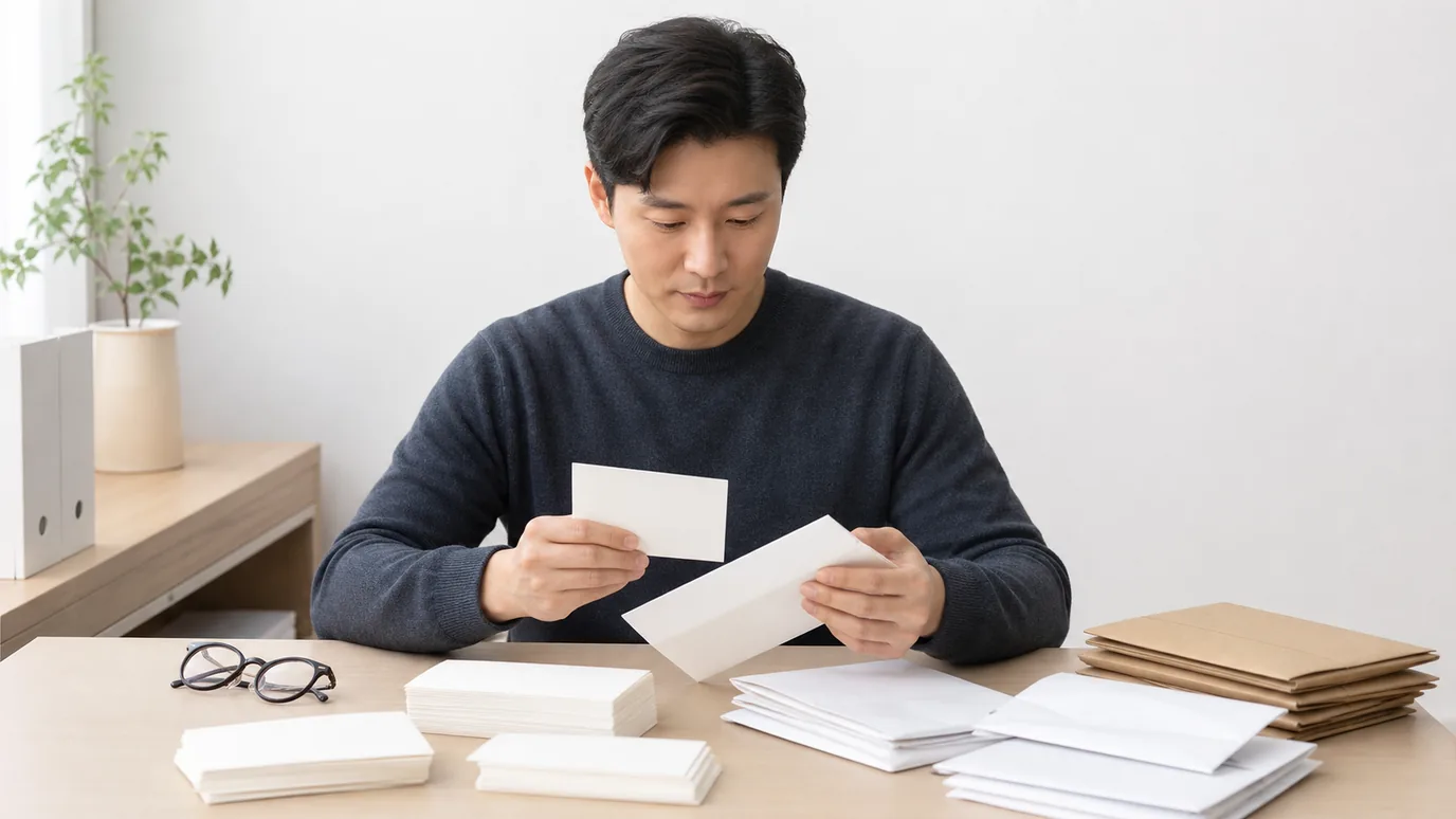 밝은 회의 테이블에서 일반 복장의 30대 한국인 담당자가 조직 정보, 요청 범위, 회신 항목을 뜻하는 무문자 봉투를 정리하는 장면