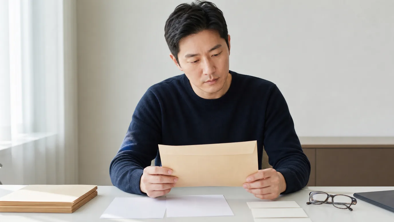 밝은 회의 공간에서 일반 복장의 40대 한국인 성인이 평가, 승인, 범위, 종료를 뜻하는 네 개의 무문자 계약 봉투를 대조하는 장면