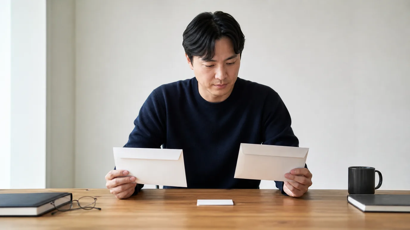 밝은 회의 테이블 양쪽에 앉은 일반 복장의 30대 한국인 성인들이 목표, 자원, 부담, 종료를 뜻하는 무문자 봉투를 균형 있게 놓는 장면