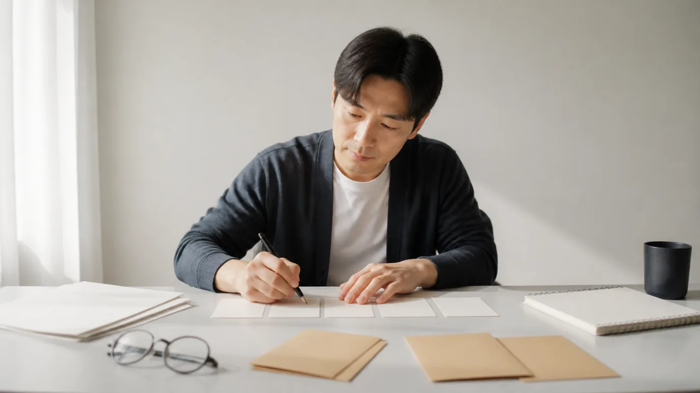 밝은 책상에서 30대 한국인 성인이 닫힌 태블릿 옆에 분류, 제공자, 자격, 예약을 뜻하는 네 봉투를 놓는 장면
