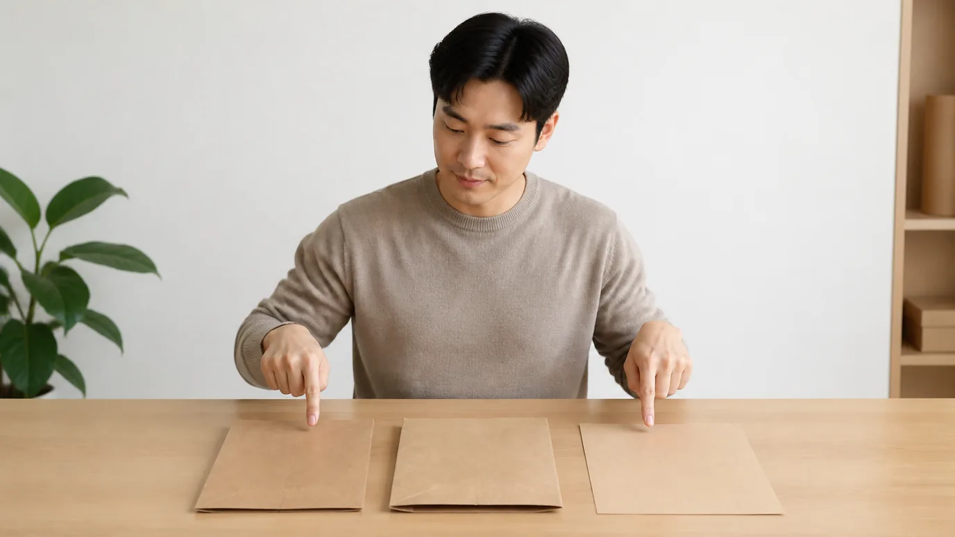 밝은 책상에서 30대 한국인 성인이 서로 다른 두 개의 비브랜드 장비 봉투와 수술 기록 봉투를 연결해 보는 장면