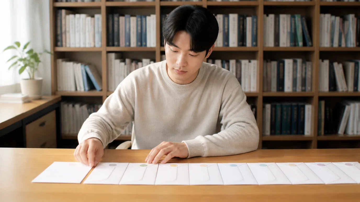 밝은 서재에서 30대 한국인 성인이 무표기 제목 카드와 여러 수술 단계 봉투를 긴 줄로 이어 맞추는 장면