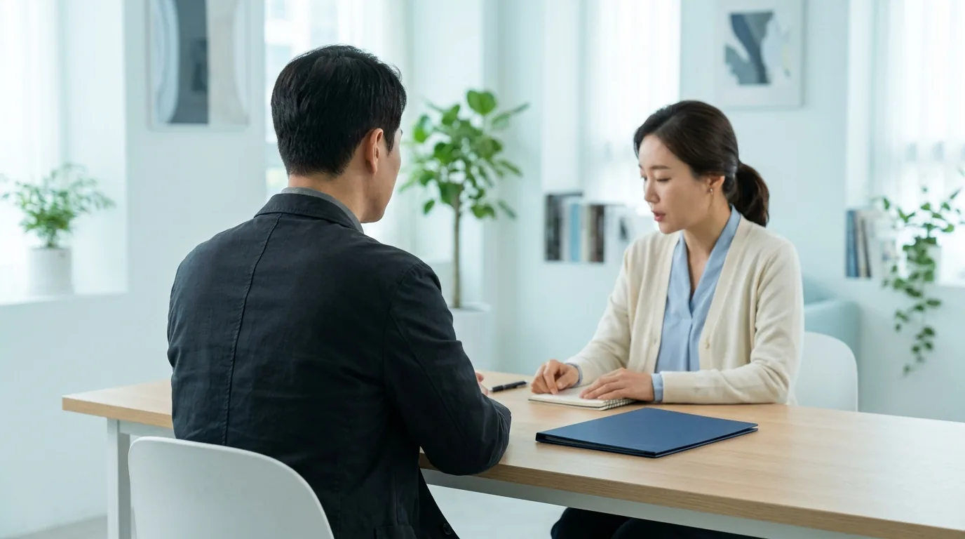 상담실 책상에 안내 서류철을 두고 마주 앉아 재교정 정책을 상담하는 두 사람