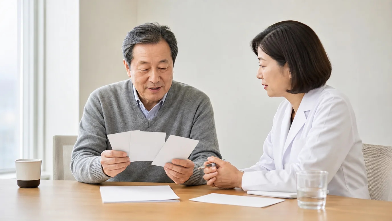 밝은 상담 공간에서 60대 한국인 성인이 눈 모형 옆의 무문자 준비 카드 세 장을 한국인 의료진과 차분히 확인하는 장면