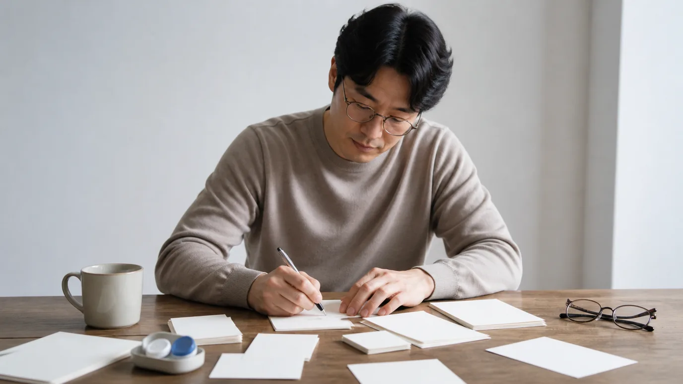 밝은 테이블에서 30대 한국인 성인이 무문자 체크 카드의 빈칸을 펜으로 표시하고 안경과 렌즈 케이스를 옆에 둔 장면
