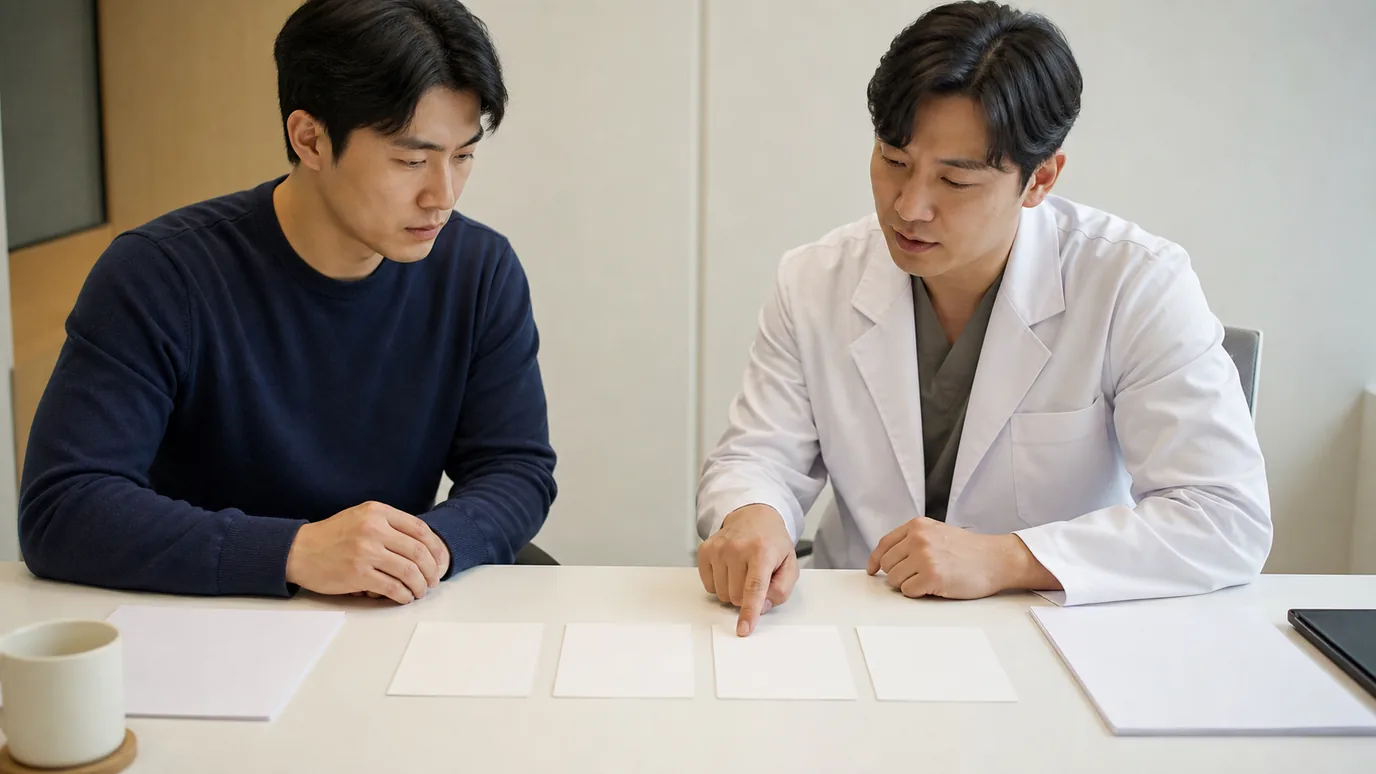 밝은 상담 테이블 위 네 개의 서로 다른 무문자 눈 단면 모형을 30대 한국인 성인과 한국인 의료진이 손으로 가리켜 비교하는 장면