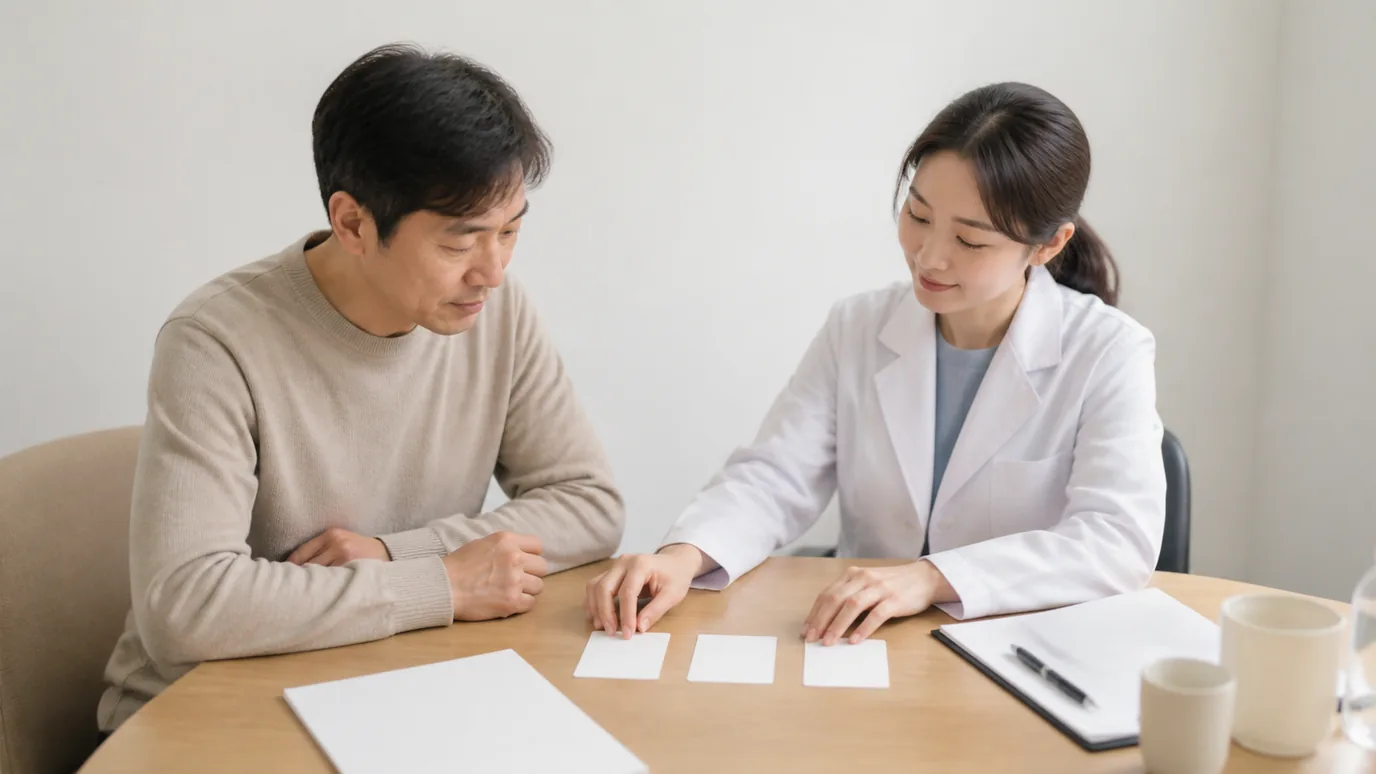 밝은 상담 테이블에서 40대 한국인 성인이 숫자 없는 세 장의 질문 카드를 한국인 의료진과 순서대로 펼쳐 보는 장면