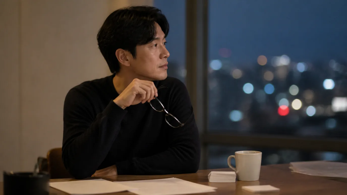 해 질 무렵 실내 창가에서 30대 한국인 성인이 안경을 손에 들고 멀리 흐릿한 원형 조명을 차분히 바라보는 장면