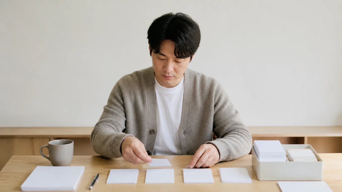 밝은 테이블에서 30대 한국인 성인이 무문자 카드들을 포함·별도·변경 세 묶음으로 나누는 장면