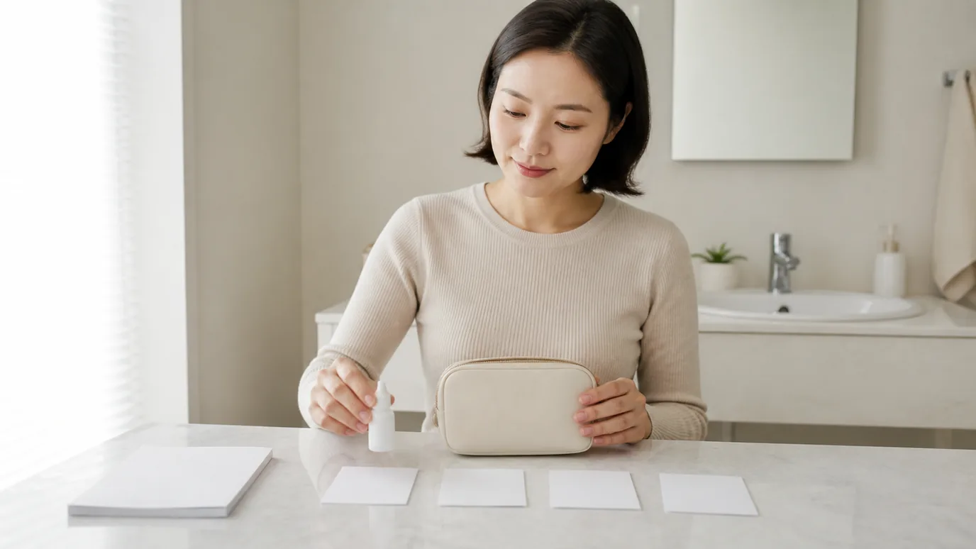 밝은 세면 공간의 마른 테이블에서 30대 한국인 성인이 안약 용기와 닫힌 화장품 파우치를 무문자 순서 카드 옆에 배치하는 장면