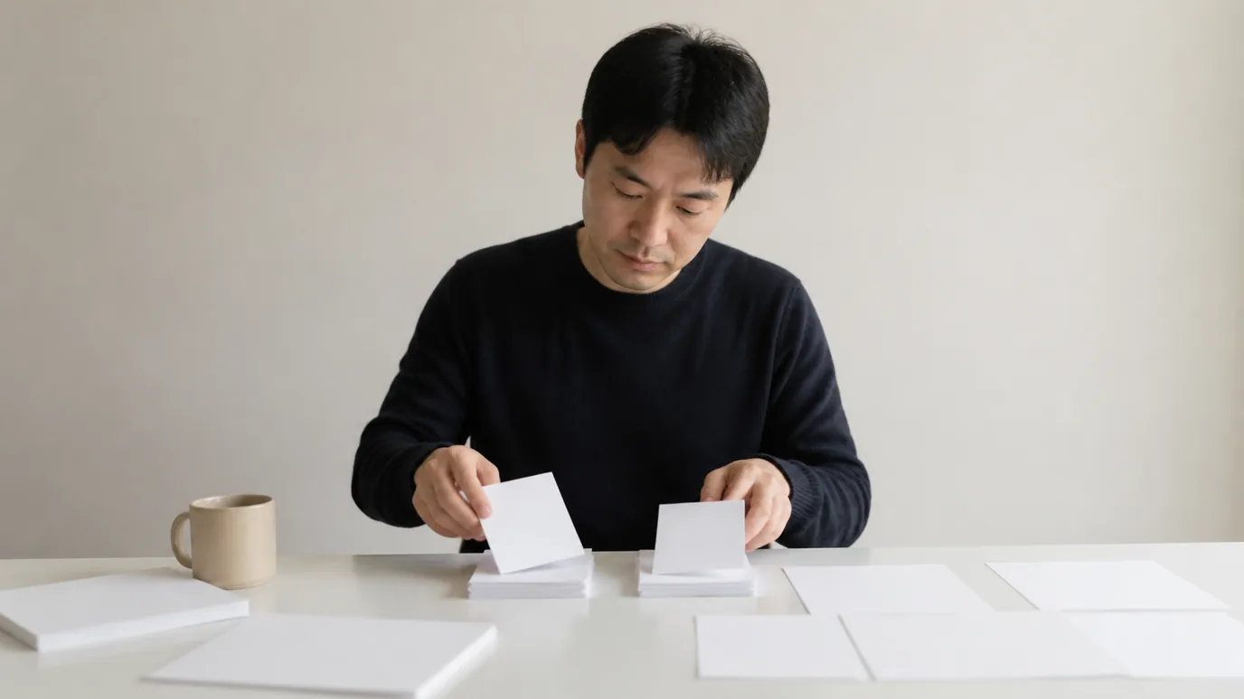 밝은 테이블에서 30대 한국인 성인이 표정 카드와 눈 모양의 무문자 관찰 카드를 서로 다른 두 묶음으로 분리하는 장면