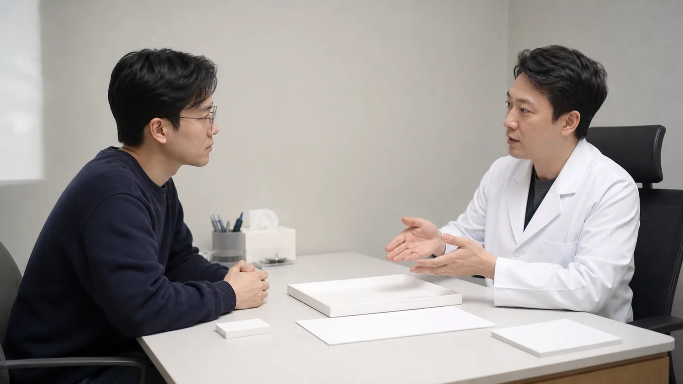 밝은 상담실에서 30대 한국인 성인과 한국인 의료진이 각막 모형과 투명 렌즈 모형을 서로 다른 무문자 받침 위에 놓고 비교하는 장면