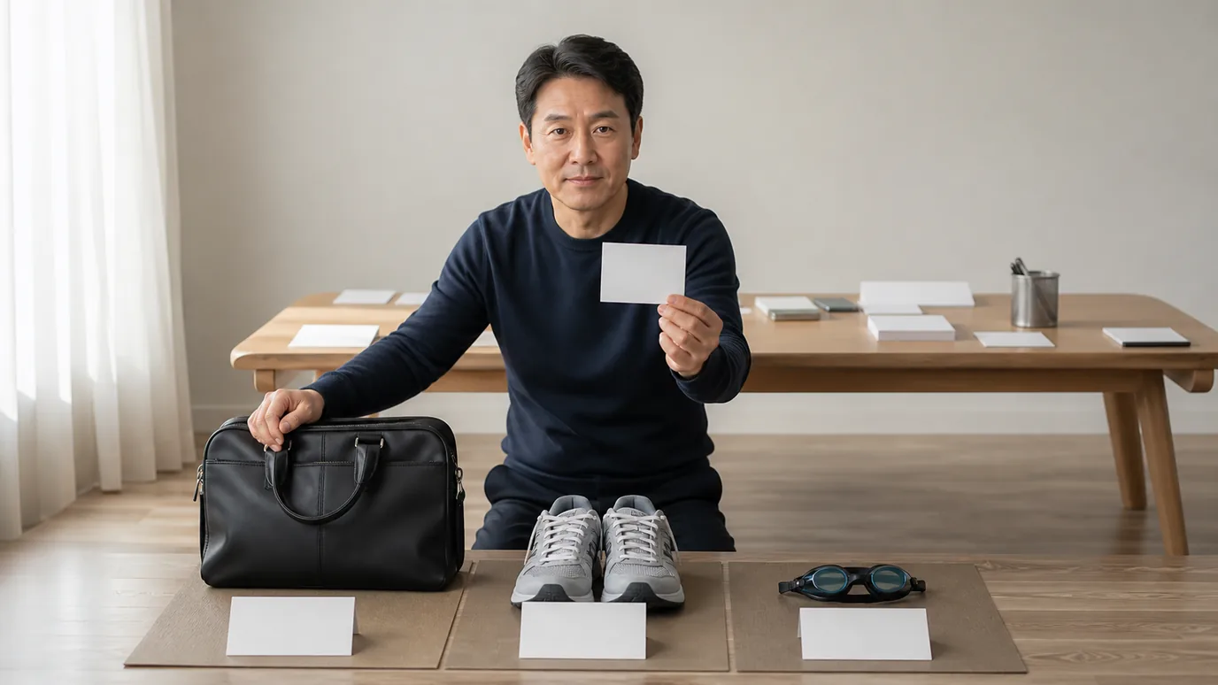 밝은 테이블에서 50대 한국인 성인이 출근 가방·운동화·수경을 서로 떨어진 세 구역에 놓고 무문자 카드를 확인하는 장면