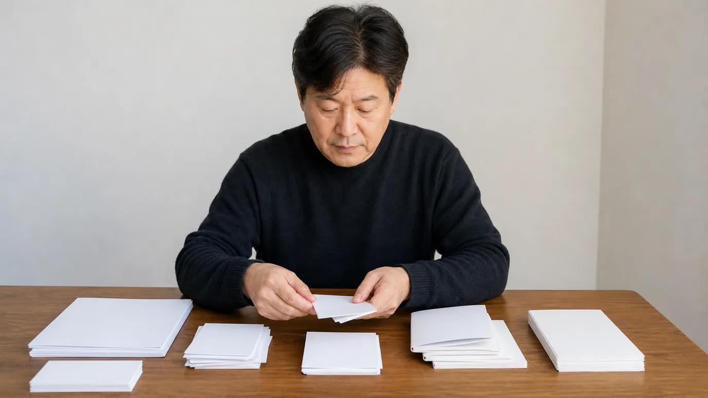 밝은 도서관형 테이블에서 50대 한국인 성인이 사진 카드·책자·빈 메모 카드 등 서로 다른 무문자 자료를 네 구역으로 분류하는 장면