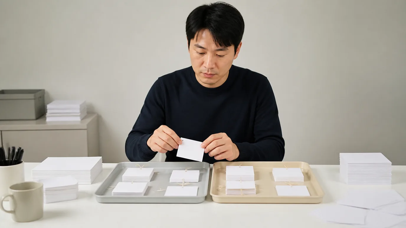 밝은 테이블에서 30대 한국인 성인이 의료 질문 카드와 보험 질문 카드를 서로 다른 두 받침에 놓고 출처 꼬리표를 확인하는 장면