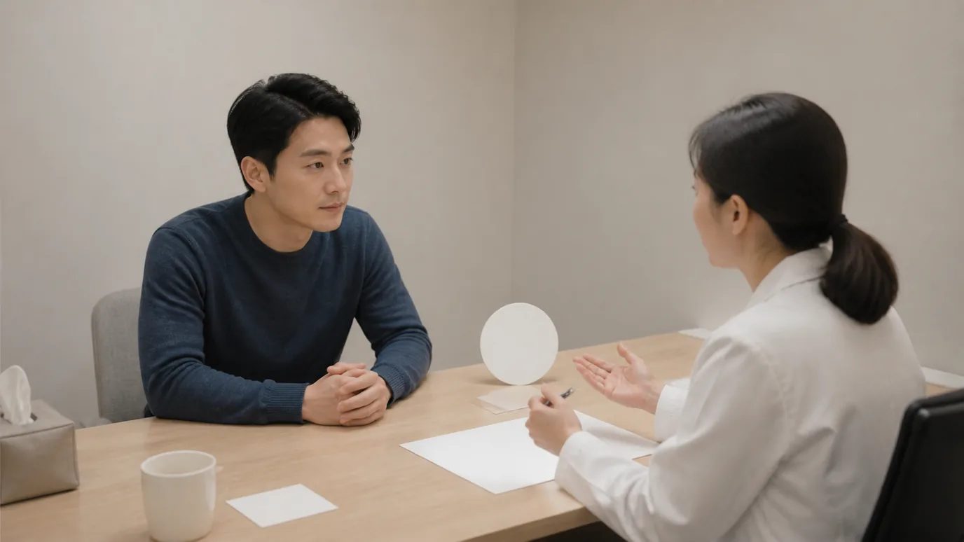 밝은 상담 테이블에서 30대 한국인 성인이 각막 모형·시계 모양의 무문자 소품·회복 카드를 서로 떨어뜨려 놓고 의료진과 확인하는 장면