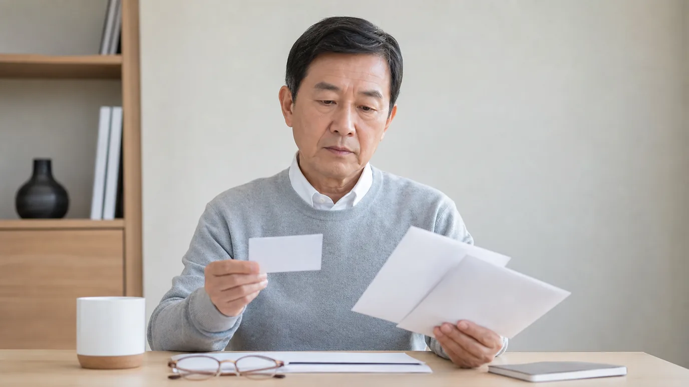 밝은 상담 테이블에서 50대 한국인 성인이 서로 다른 두 개의 봉인된 의료 계획서와 별도로 놓인 혜택 확인 카드를 살펴보는 장면