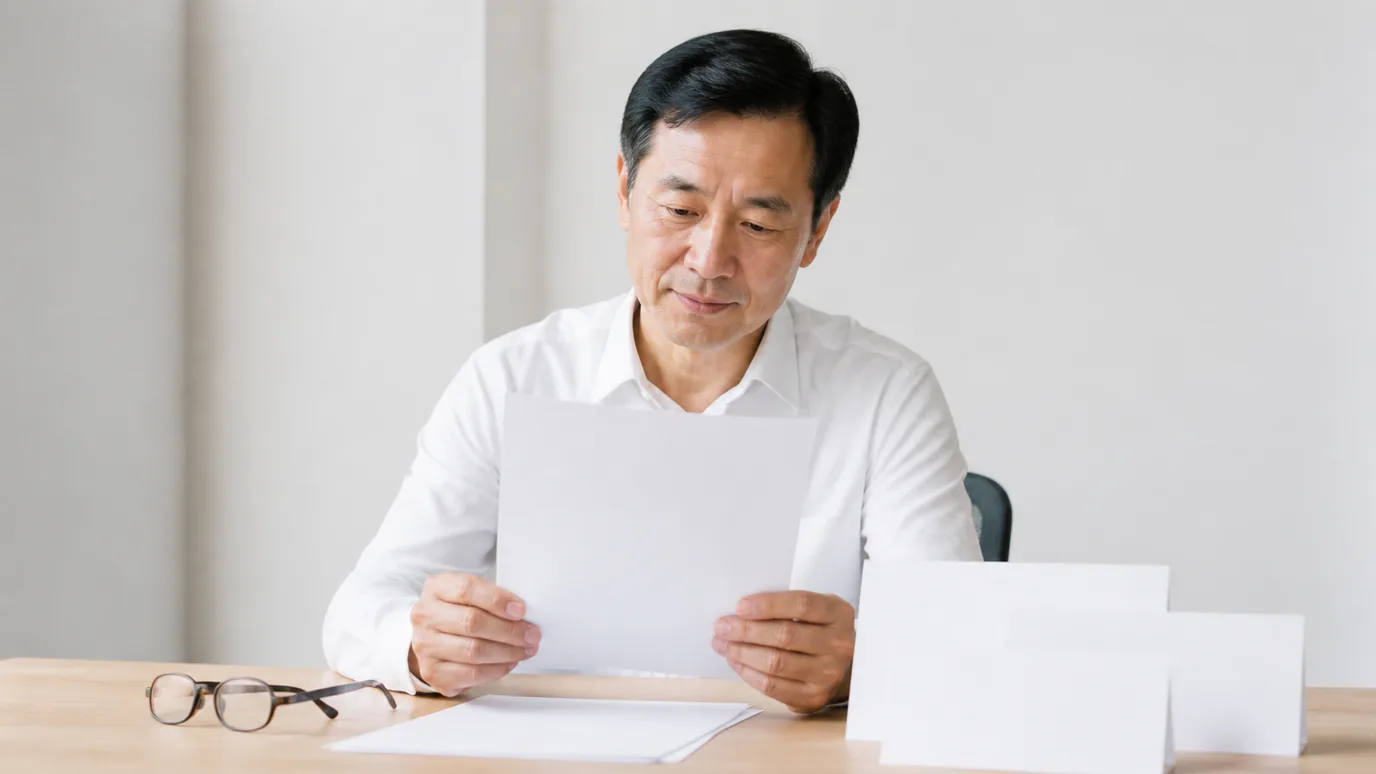 밝은 책상에서 50대 한국인 성인이 표지가 보이지 않는 보험 문서와 정의·제외·절차를 뜻하는 무문자 구분 카드를 살펴보는 장면