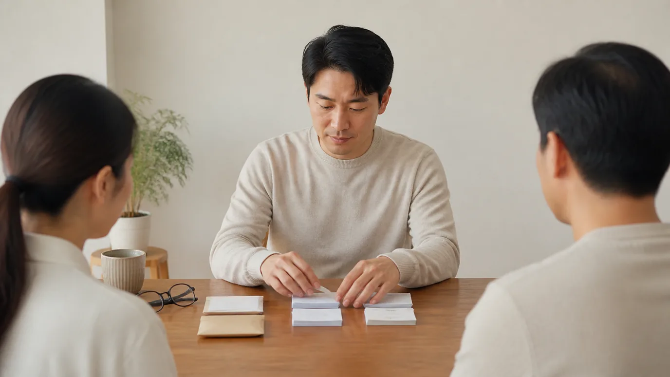 밝은 상담 공간에서 30대 한국인 성인이 안과 일정·생활 계획·보험 문의를 뜻하는 세 개의 봉인 카드 묶음을 분리해 정리하는 장면