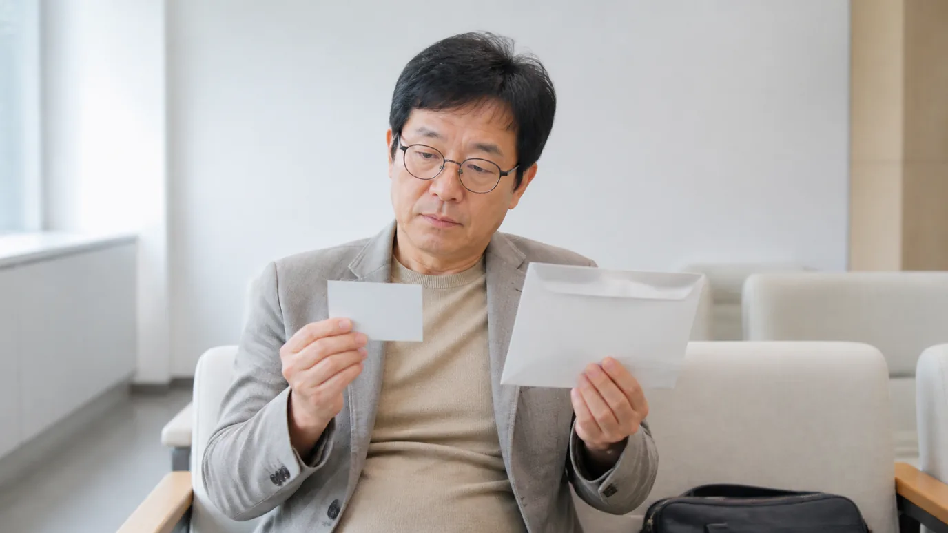 밝은 대기 공간에서 50대 한국인 성인이 무문자 자가 체크 카드의 빈칸과 봉인된 검진 질문 봉투를 함께 살펴보는 장면