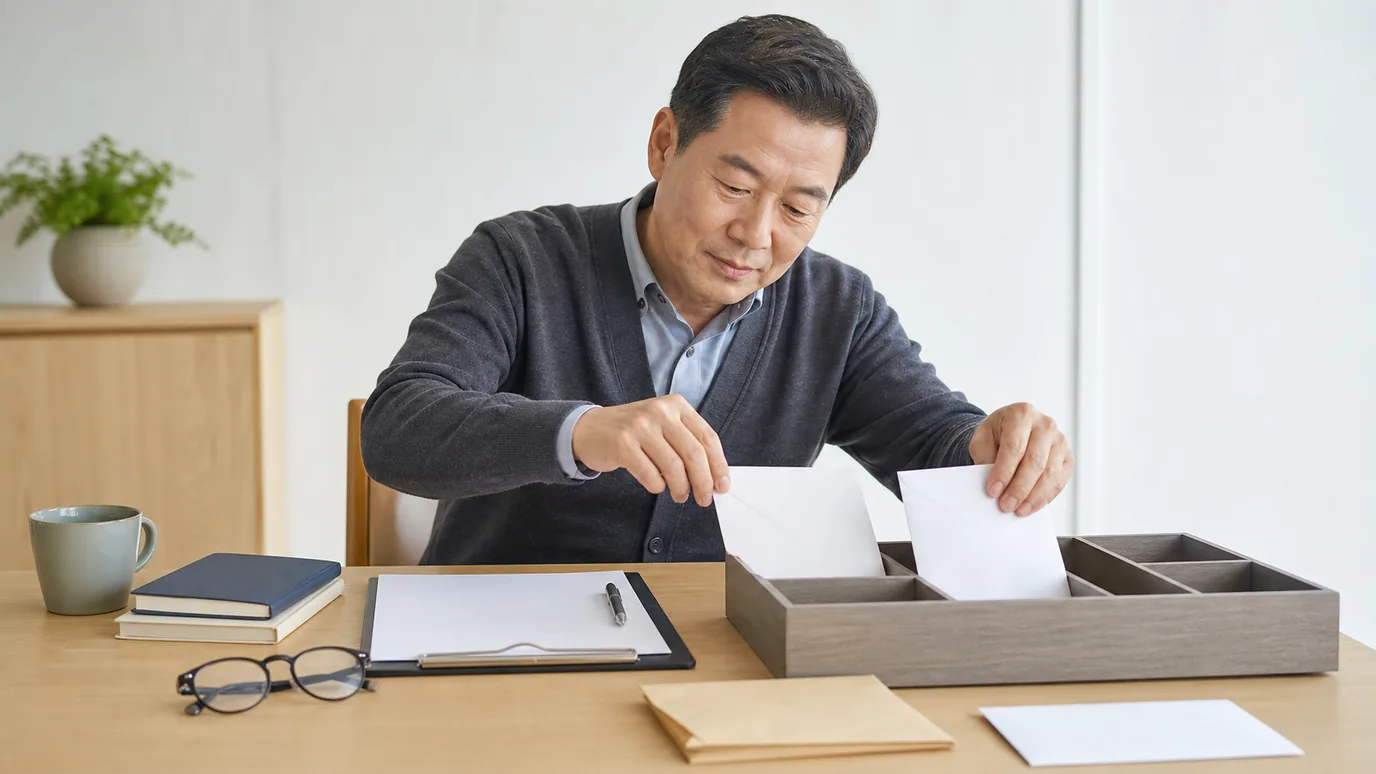 밝은 상담 테이블에서 50대 한국인 성인이 보험 계약 봉투와 별도의 혜택 안내 봉투를 서로 다른 칸에 놓는 장면