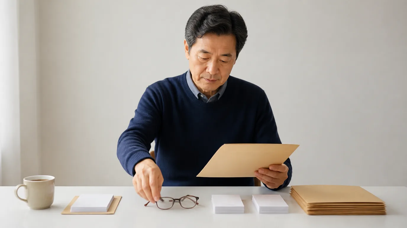 밝은 집과 상담 공간이 자연스럽게 이어진 장면에서 60대 한국인 성인이 안경·봉인된 검사 기록·일정 카드를 순서대로 정리하는 모습